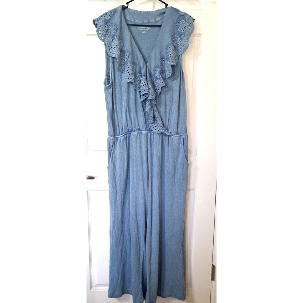Soft Surroundings 1X Blue Sleeveless V-Neck Long Romper Eyelet Ruffle Cottage
